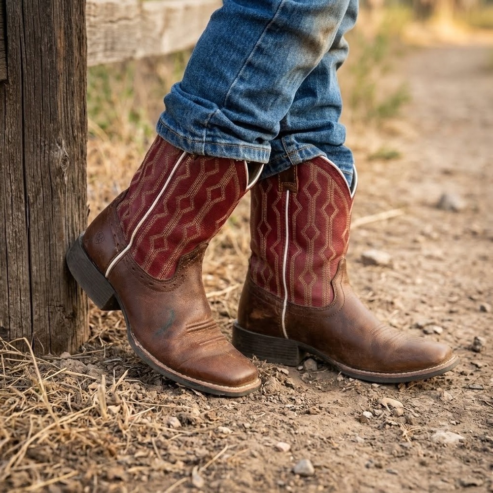 Ariat Live Wire Western Boots Kids 2 Wood Mega Red Leather Square Toe Cowboy